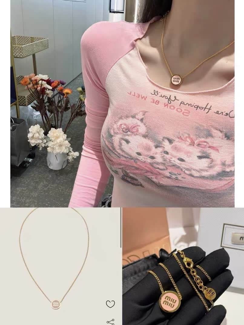 Miu Miu Gold Tone Chain Necklace with Pink Enamel Discs